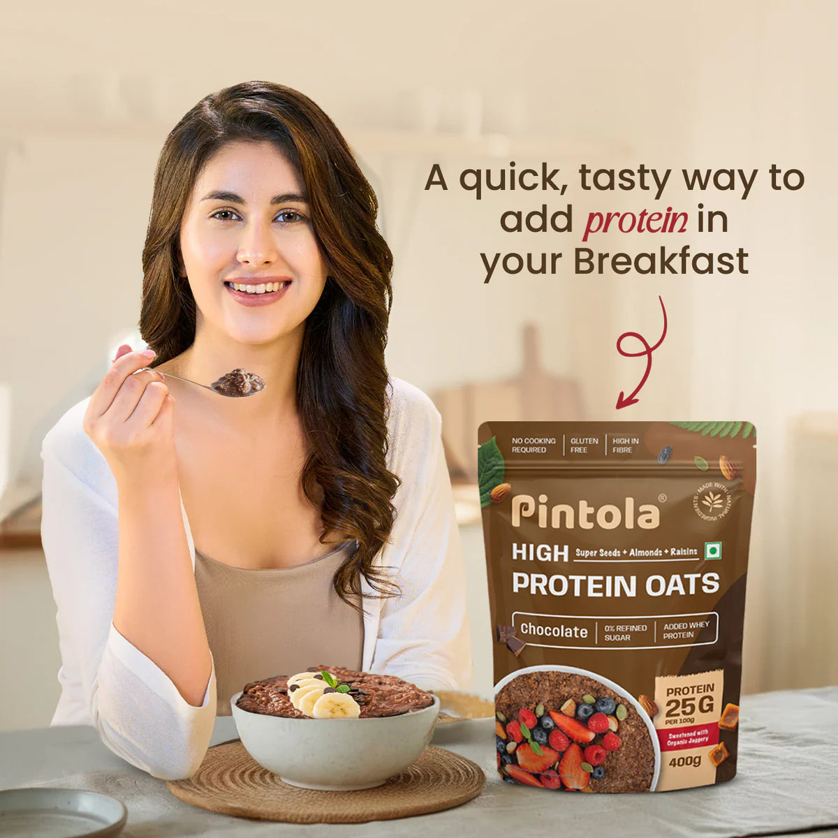 Pintola 25g High Protein Oats, Dark Chocolate, Oats for weight loss, Breakfast Cereals Pouch - 1kg