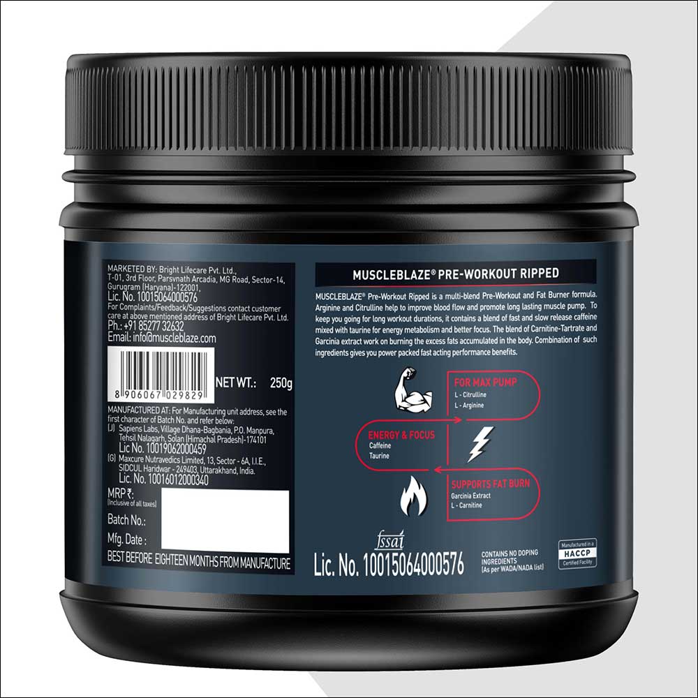 MuscleBlaze Pre Workout Ripped, 250 g (0.55 lb), Fruit Splash