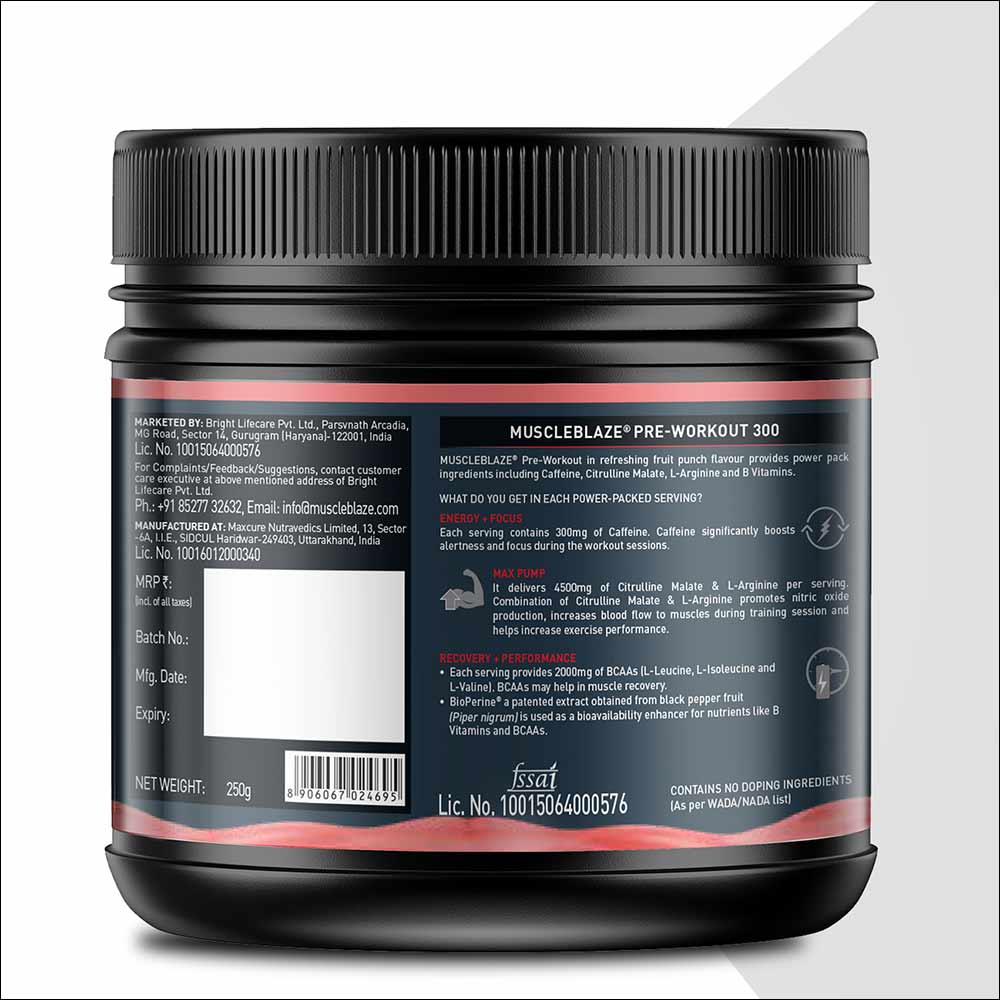 MuscleBlaze PRE Workout 300, 250 g (0.55 lb), Fruit Punch