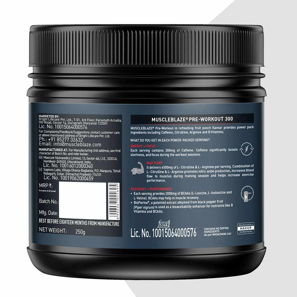 MuscleBlaze PRE Workout 300, 250 g (0.55 lb), Fruit Punch