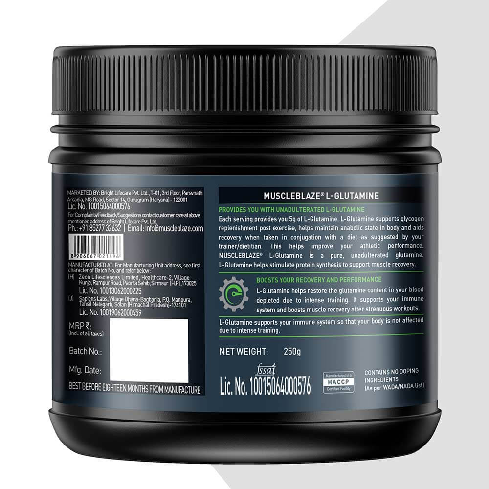 MuscleBlaze L-Glutamine, 0.55 lb, Unflavoured